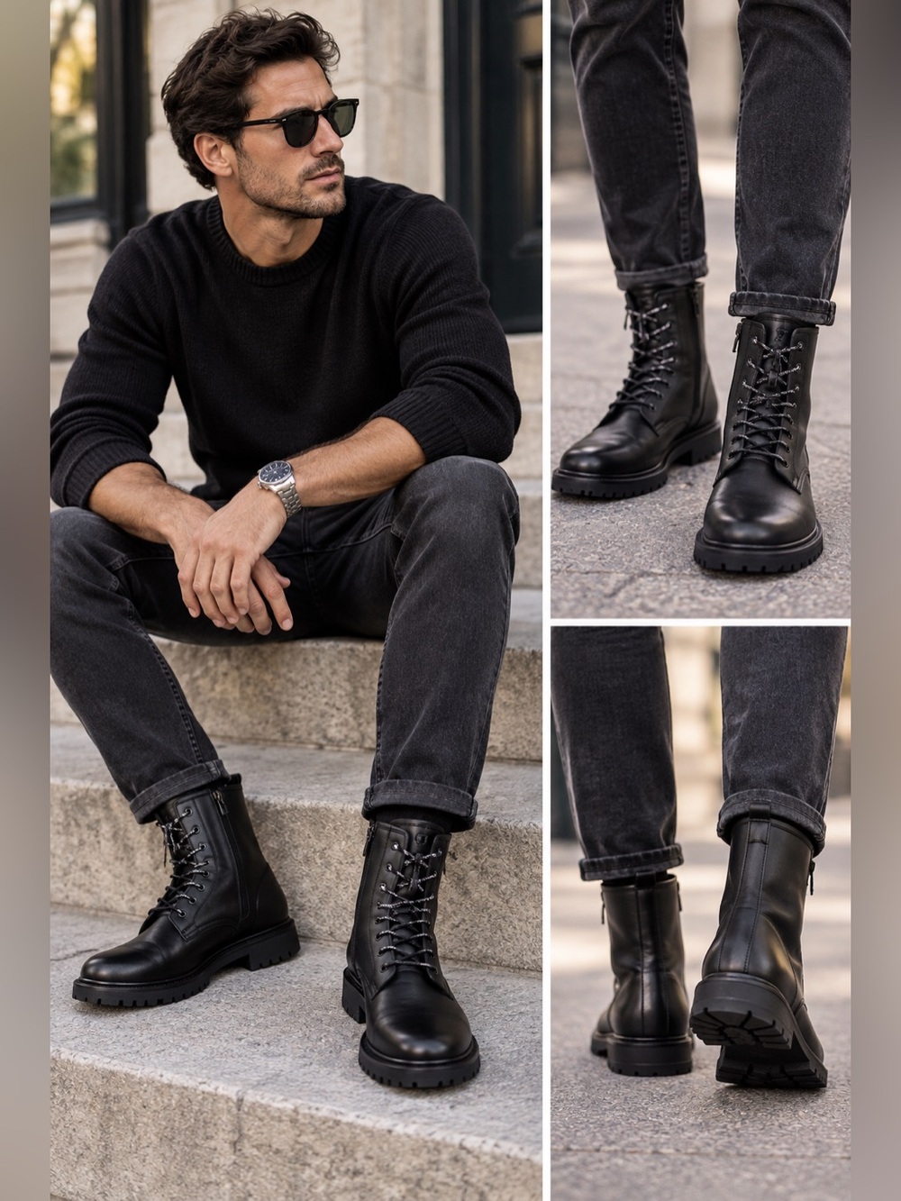 ZARA Men Black Lace Up Combat Boots Lug Sole Side Zip EU 42
